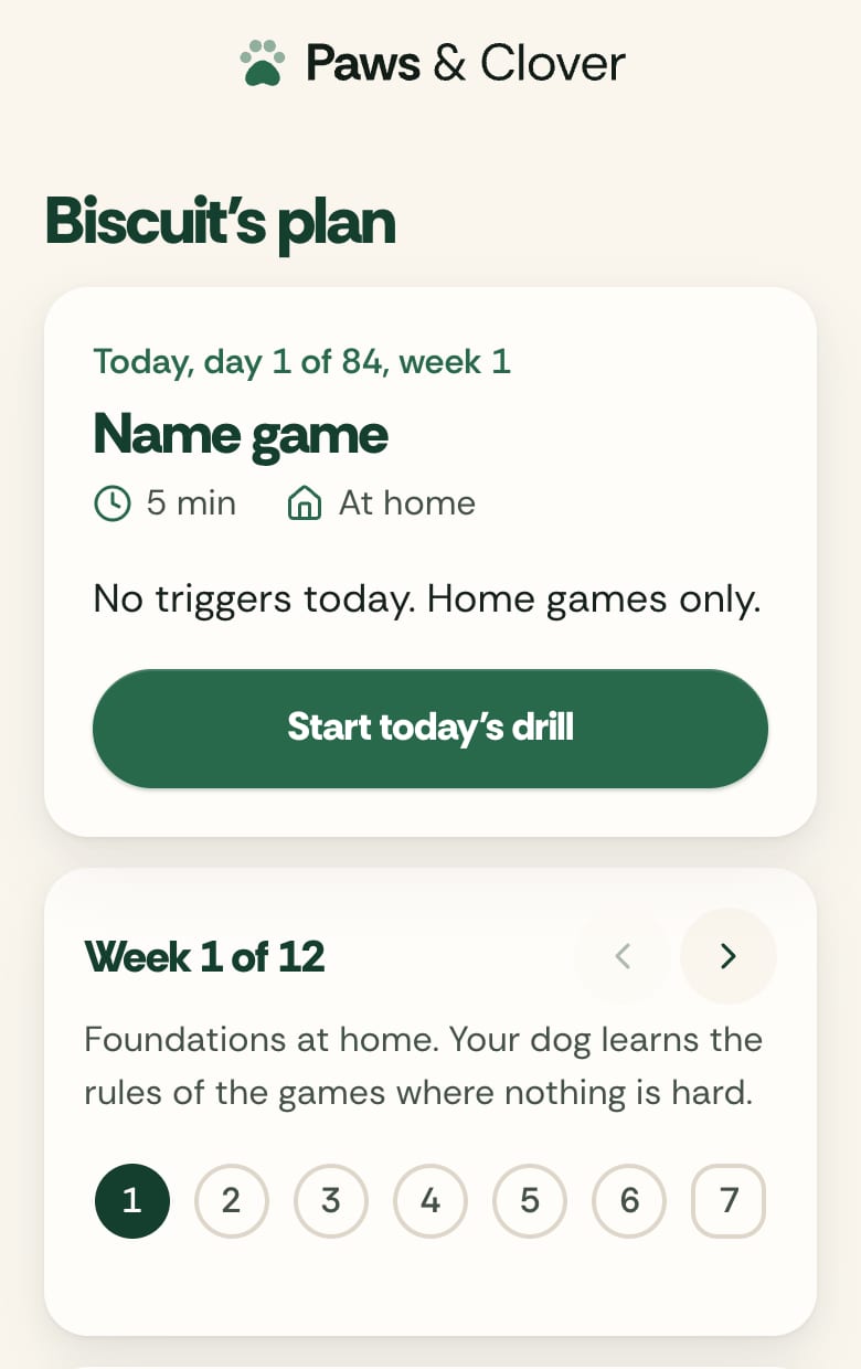 The plan app on day 1: today's drill, Name game, 5 minutes at home